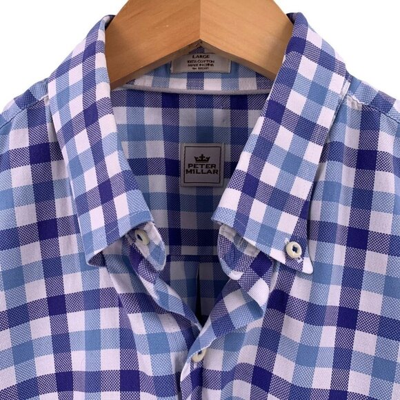 PETER MILLAR Blue and White Plaid Cotton Short Sleeve Shirt Size Large - Picture 2 of 5